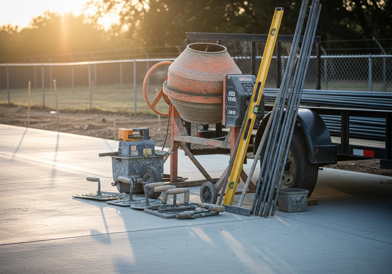 Concrete contractor tools and equipment staged on a job site, ready for driveway or patio installation work.