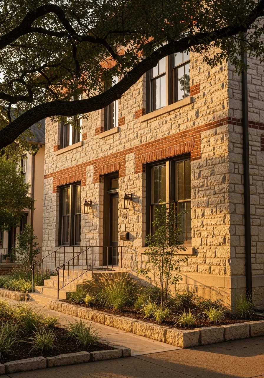 Close-up of a restored historic Austin home's front facade with native Texas landscaping.