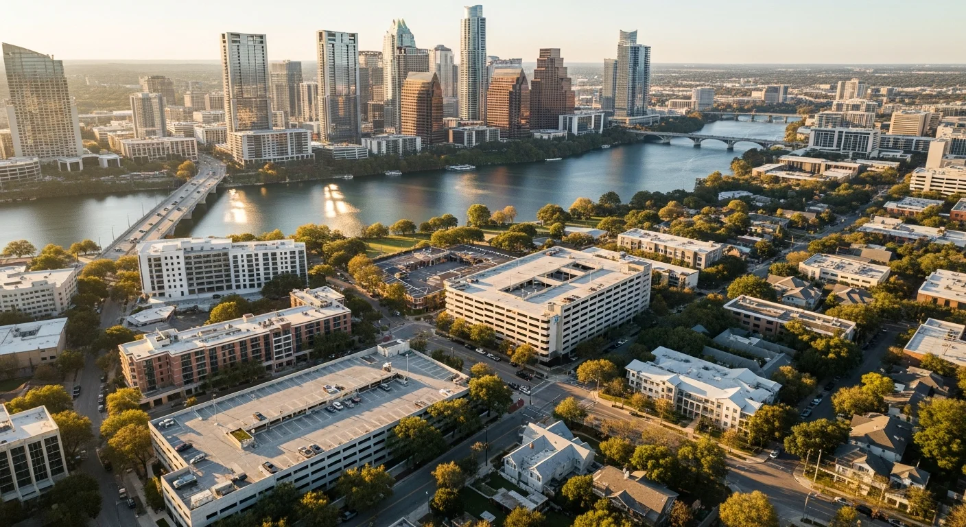 Aerial view of Austin's downtown skyline with Lady Bird Lake and surrounding neighborhoods visible.
