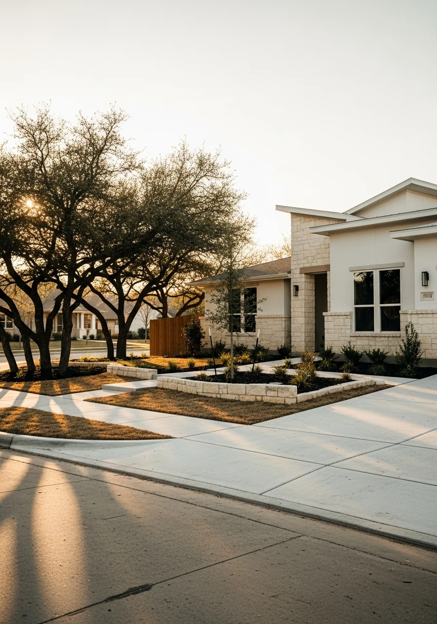 Buda home with modern construction and contemporary landscaping.