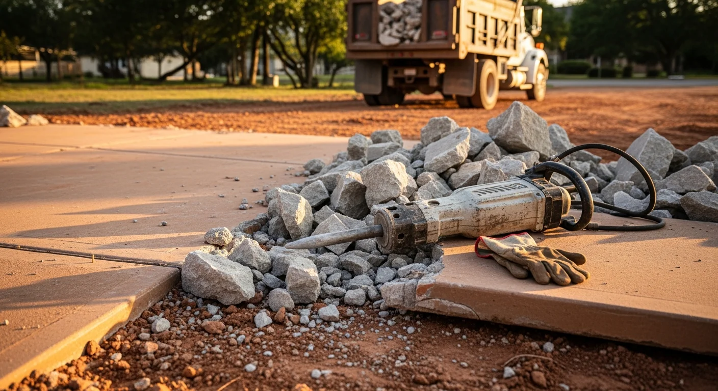 A concrete driveway slab broken into large sections during demolition at a residential property in the Austin area. Exposed soil and a clean work site are visible after debris removal.