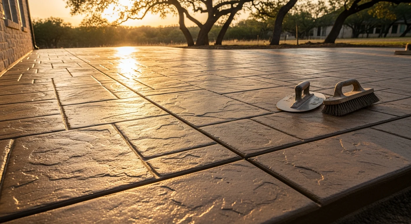 A stamped and stained custom concrete patio installed by Affordable Concrete Specialist at an Austin area home, showing a textured stone-pattern finish with clean edges and an outdoor seating area. The surface extends from the back of a single-story residential home toward a landscaped yard under a clear Texas sky.