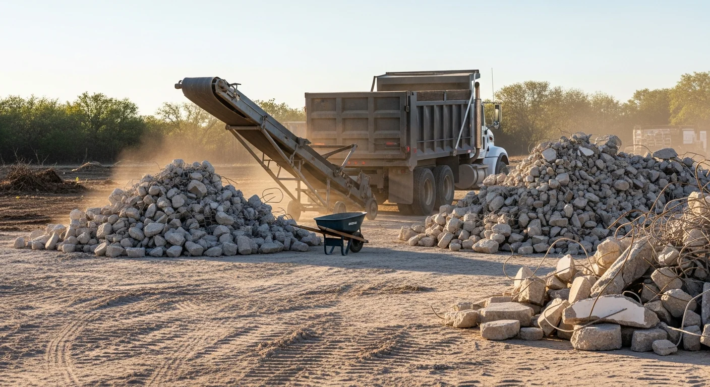 A cleared Austin area demolition site with broken concrete debris loaded into a haul truck by a demolition contractor. The surrounding lot is flat and free of rubble, ready for the next phase of construction.