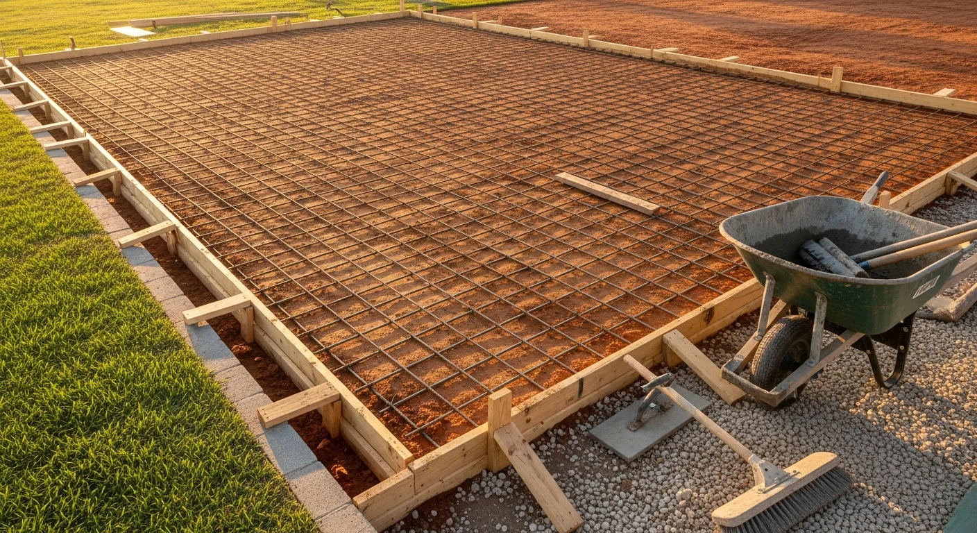 Freshly poured and finished concrete driveway at a single-family home in the Austin area, with a smooth broom-finish surface and clean edges leading to a residential garage. The surrounding yard shows Central Texas landscaping typical of the region.