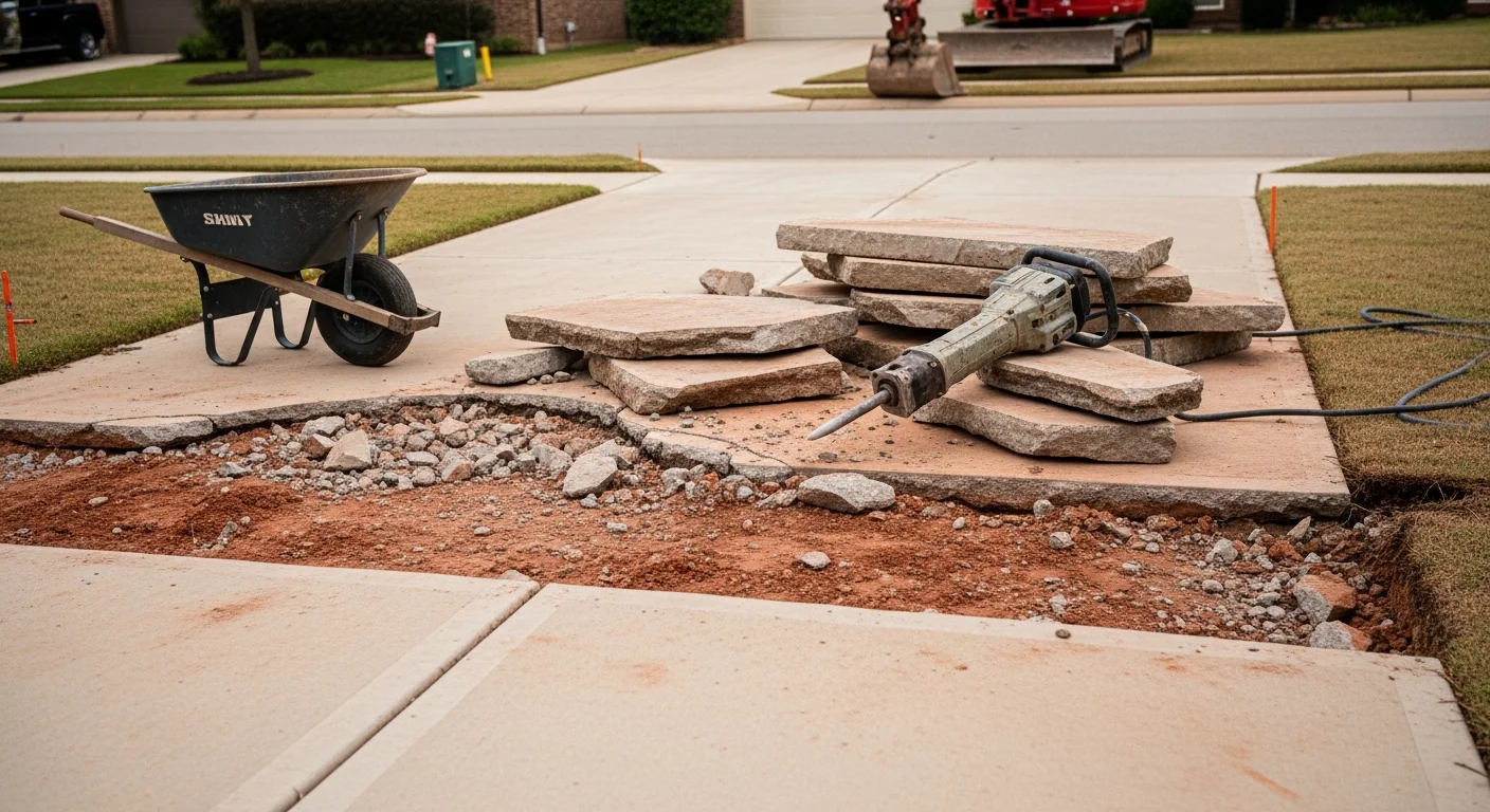Broken concrete driveway slab being removed from a residential property in the Austin area, with debris loaded for haul-away and bare subgrade exposed and ready for site prep.