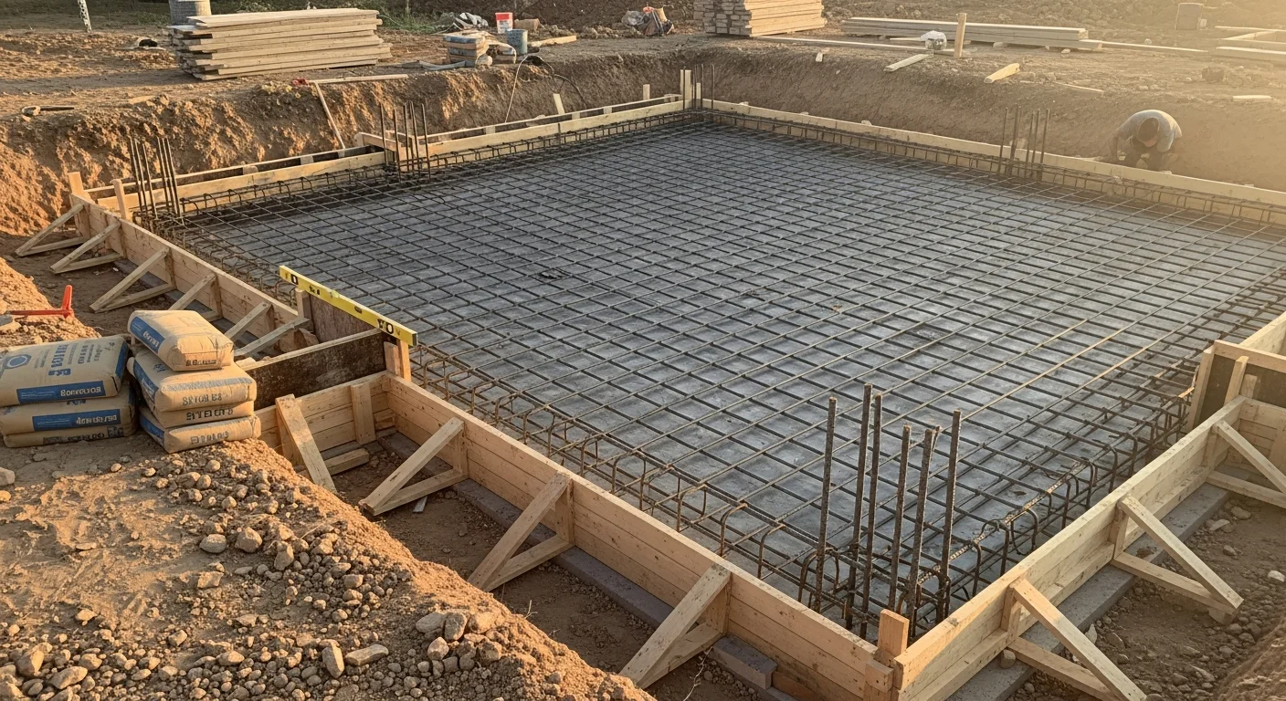A freshly poured concrete slab foundation with visible reinforcing steel and clean form edges on a residential lot in the Austin area. The surrounding soil shows the reddish-clay composition common across Central Texas.