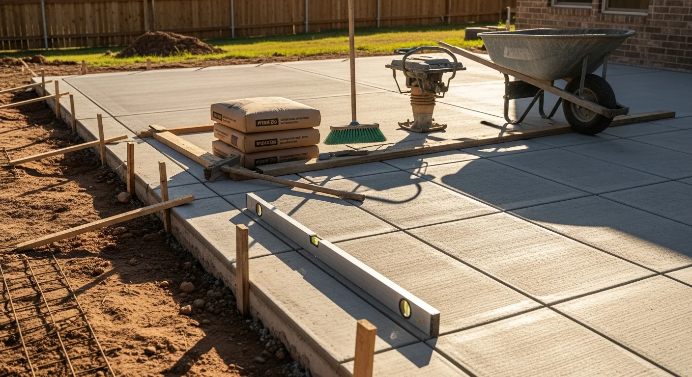 Freshly poured and broom-finished concrete patio installed in an Austin area backyard, with clean edges and a gentle slope away from the home's rear foundation. The slab surface is smooth and uniform, set against a typical Central Texas residential landscape.