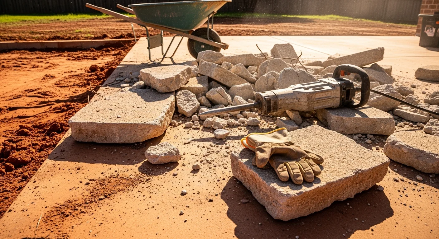 Broken concrete patio slab being removed from a residential backyard in the Austin area, with debris loaded for haul-off and bare soil exposed beneath the old slab.