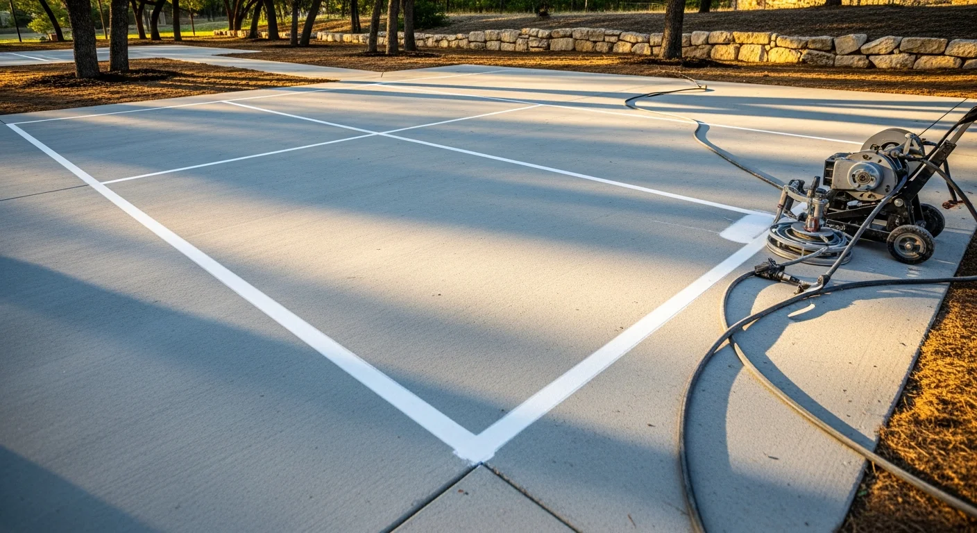 A freshly installed residential concrete pickleball court with crisp white boundary lines and permanent net posts set in an Austin area backyard. The slab shows a smooth, even surface finish suited for outdoor play in a Central Texas climate.