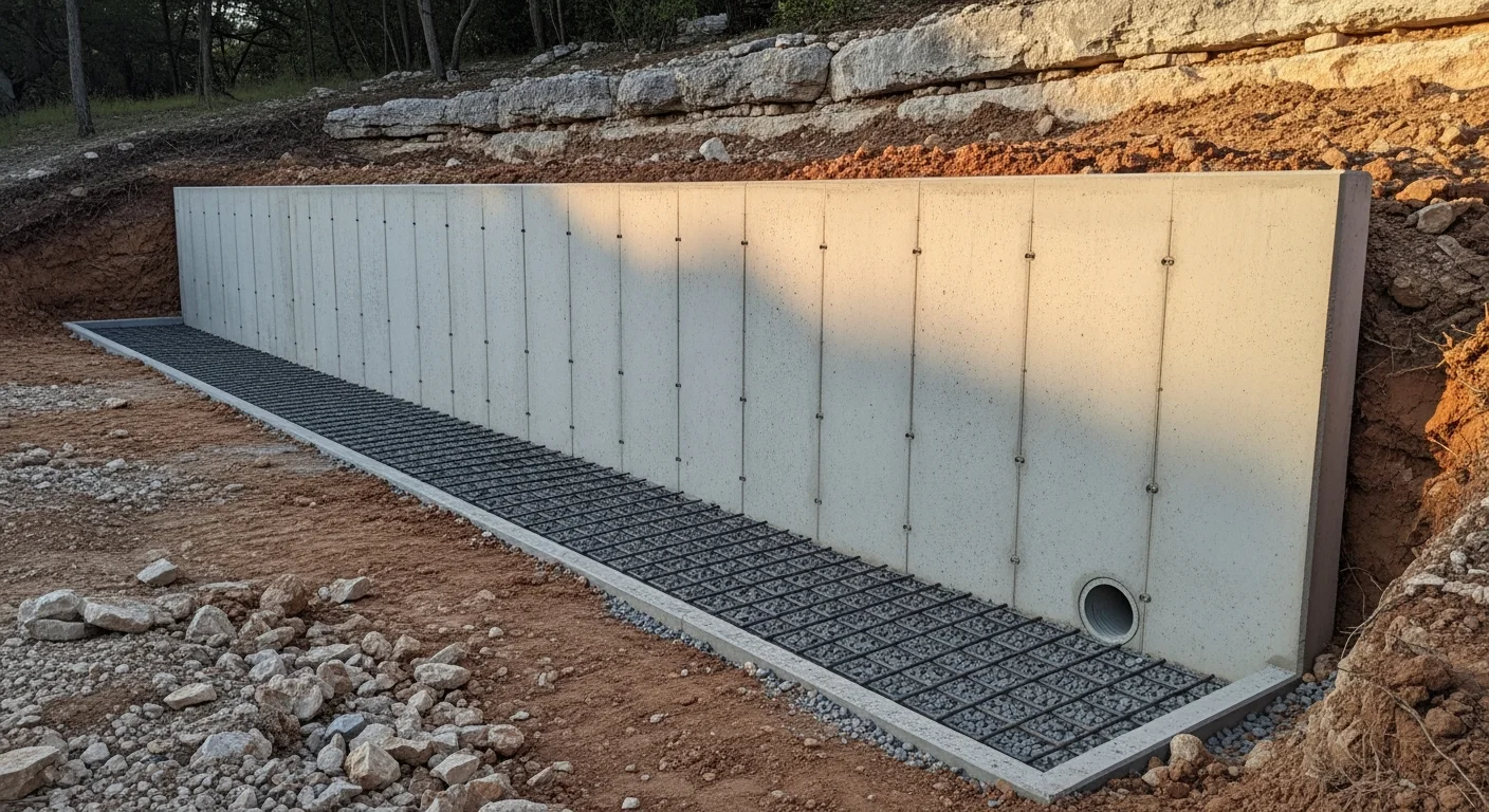 A finished concrete retaining wall holding back a sloped residential yard in the Austin area, with clean horizontal lines and gravel drainage visible at the base. The wall levels a steep grade behind a single-family home on a clay-soil lot.
