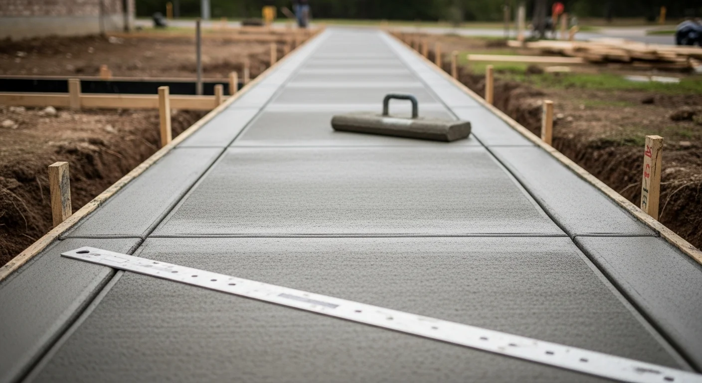 Freshly poured concrete sidewalk in front of a residential home in the Austin area, with a smooth broom finish and clean edges. The walkway connects the driveway to the front entry across a well-graded yard.
