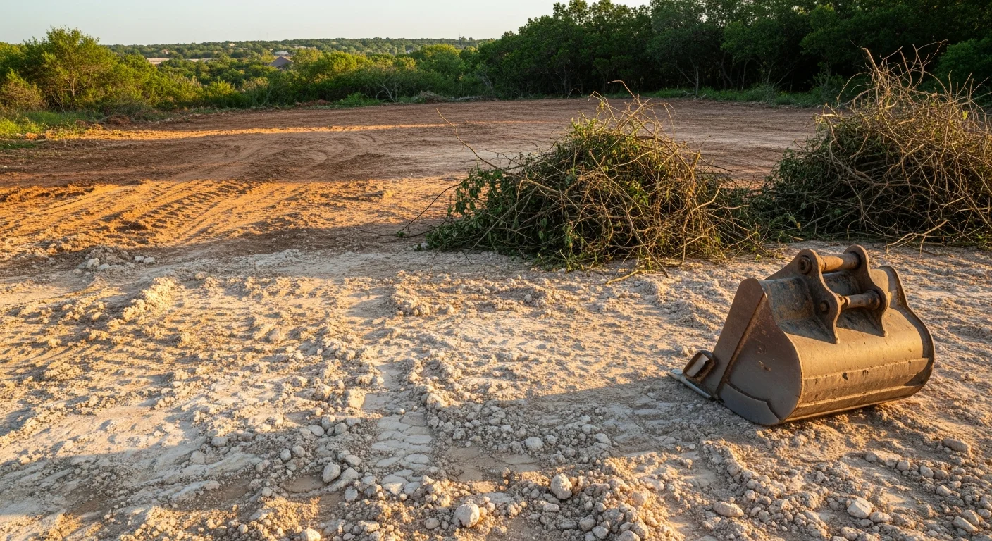A cleared residential lot in the Austin area with stumps, brush, and debris removed, showing exposed soil graded and ready for foundation work. Heavy equipment tracks are visible across the leveled ground beside a stack of removed cedar and limestone debris.