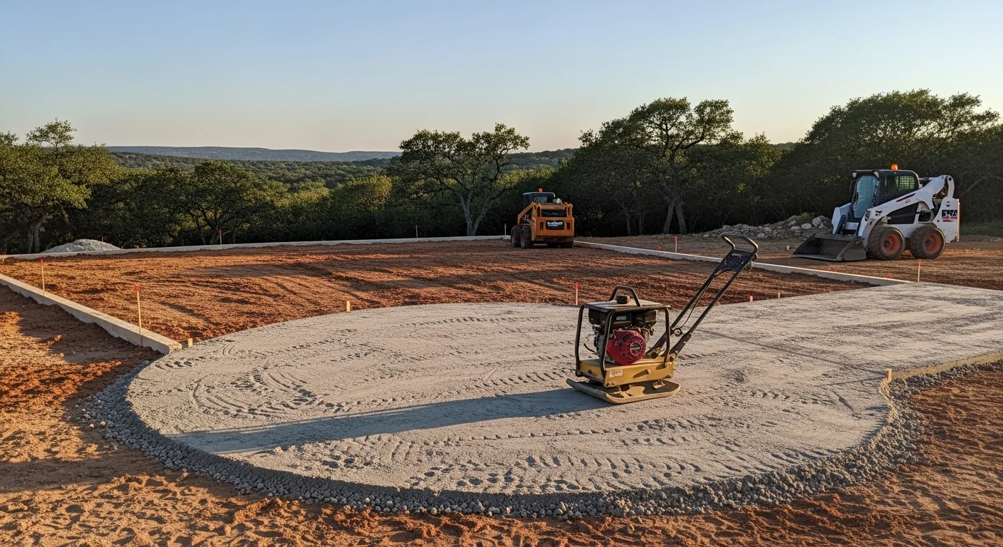 A graded and compacted residential lot in the Austin area ready for concrete flatwork, with cleared soil and defined edges visible before the pour. Surrounding Central Texas terrain shows typical clay-based ground conditions common across the region.