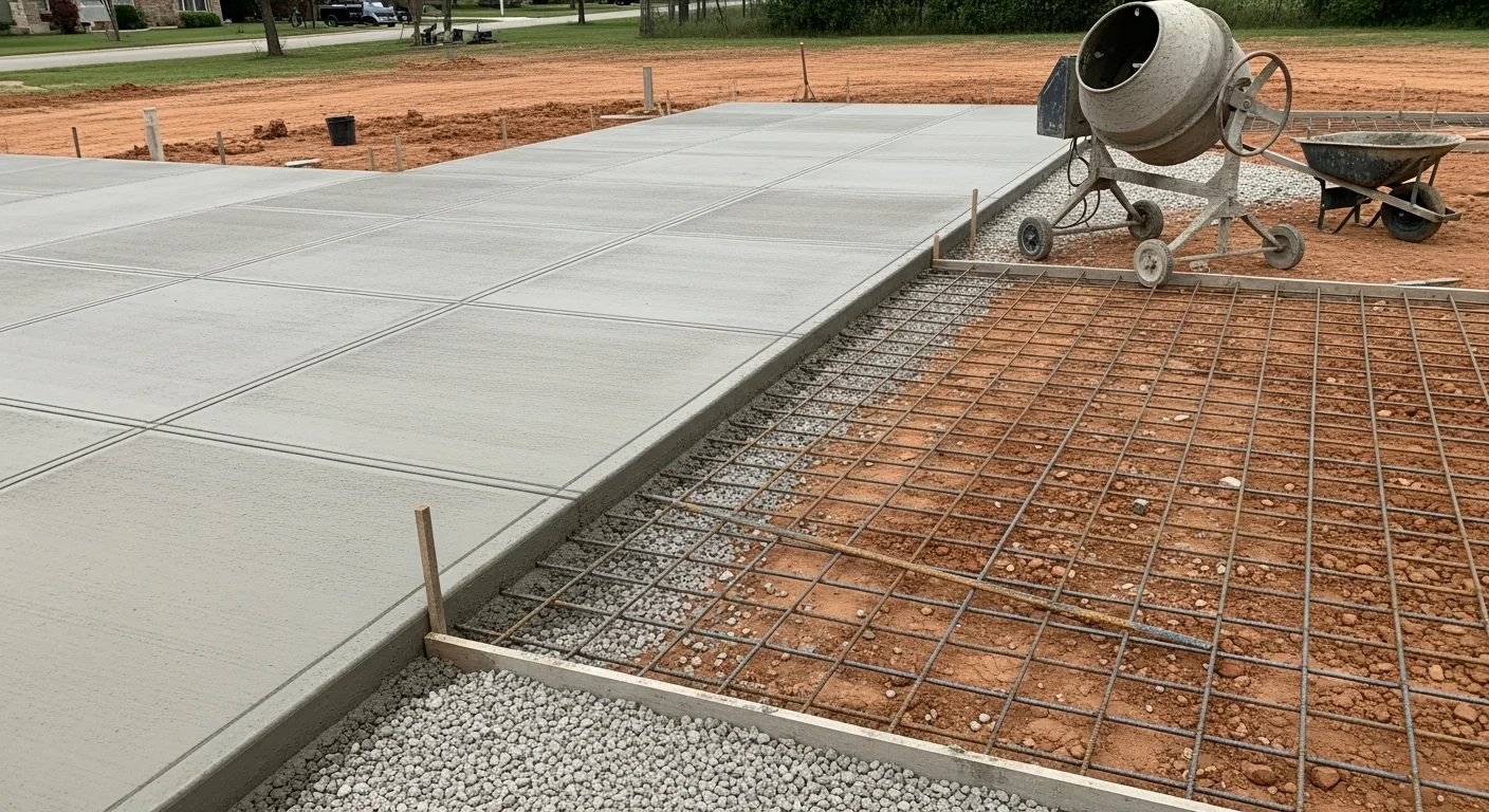 A freshly poured specialty concrete slab in an Austin area backyard, showing a smooth brushed finish with visible control joints and a clean edge border. The slab serves as an outdoor equipment pad beside a residential structure on a clear Texas day.